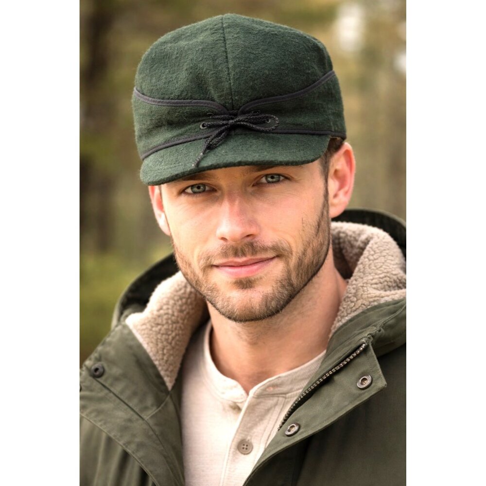 Vintage Green Wool Winter Cap With Quilted Lining Adjustable Cord Made In USA 7